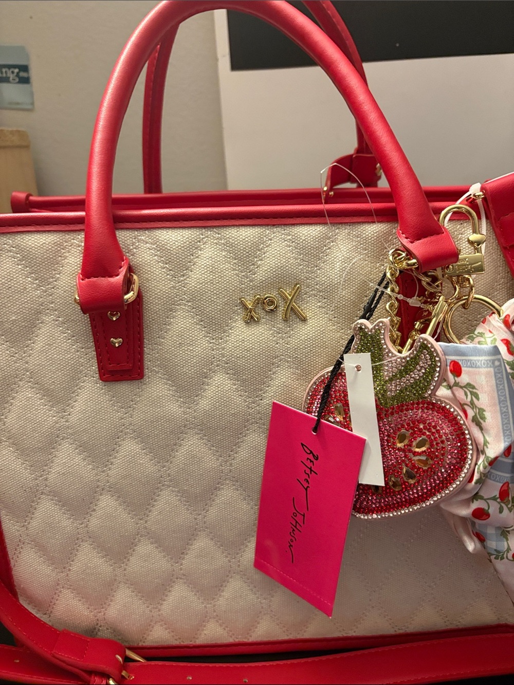 Betsey Johnson XOXO Cream Quilted Tote with Red Trim and Gold Accents